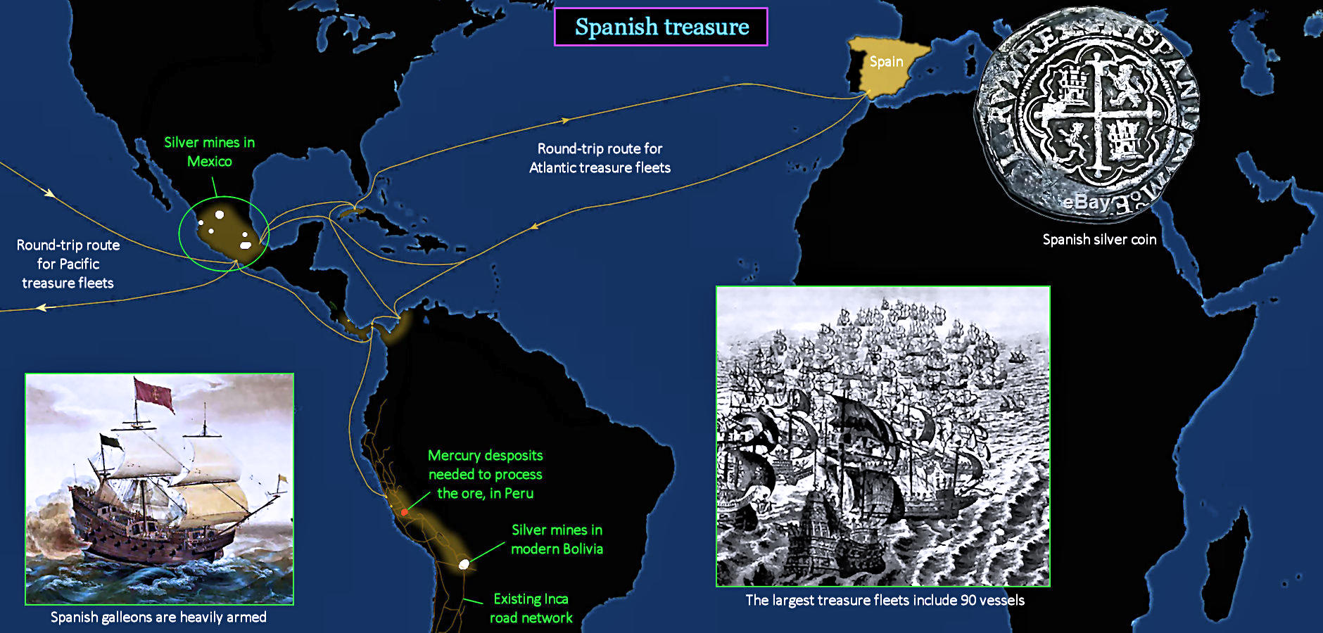 Spanish treasure fleets, 1500s map